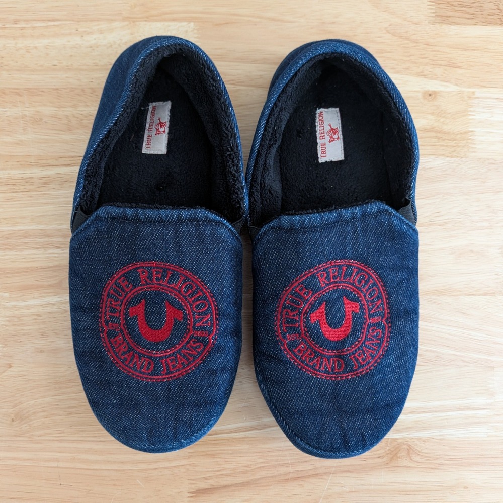 True Religion Mens Denim Slippers Blue Red Logo Faux Fur House Shoes M 9-10